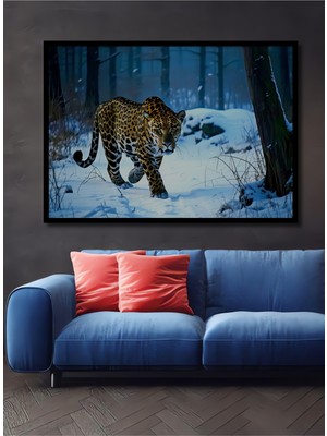 Çerçeve Görünümlü Karda Yürüyen Jaguar Yağlı Boya Görünümlü Dekoratif Ahşap Işyeri/ofis Kare Tablo