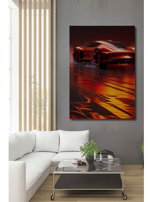 Alev Kırmızısı Fütüristik Araba Yağlı Boya Görünümlü Dekoratif Ahşap Ev/işyeri/ofis Kare Tablo