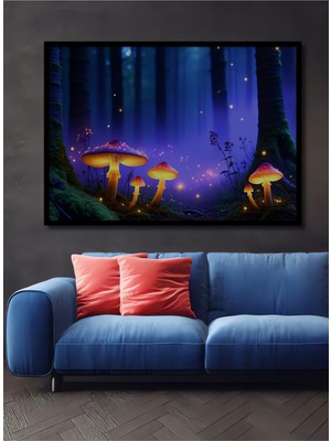 Çerçeve Görünümlü Sulu Boya Görünümlü Sihirli Mantar Ormanı Dekoratif Ahşap Işyeri/ofis Kare Tablo