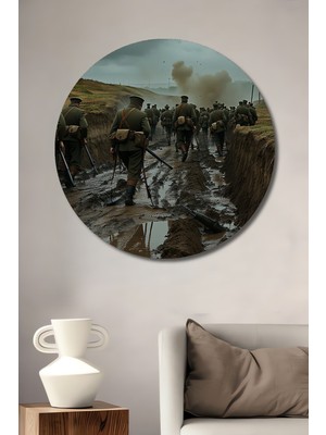 Savaşın Çamurlu Ayak Izleri Yağlı Boya Görünümlü Ev/işyeri/ofis Dekoratif Ahşap Yuvarlak Tablo