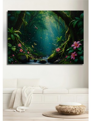 Tropikal Orman Rüyası Sulu Boya Görünümlü Dekoratif Ahşap Ev/işyeri/ofis Kare Tablo