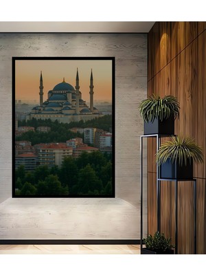 Çerçeve Görünümlü Istanbul Camii Manzaralı Yağlı Boya Görünümlü Dekoratif Ahşap Ofis Kare Tablo