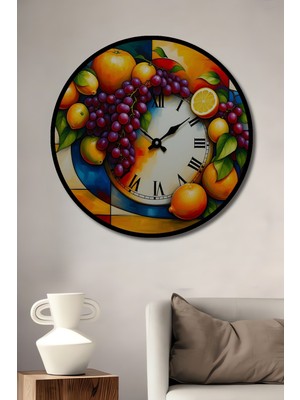 Çerçeve Görünümlü Meyve Şöleni Saat Yağlı Boya Görünümlü Dekoratif Ahşap Işyeri/ofis Yuvarlak Tablo