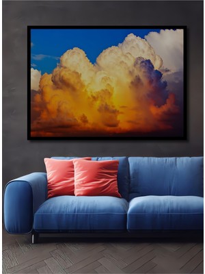 Çerçeve Görünümlü Altın Işıltılı Bulutlar Yağlı Boya Görünümlü Dekoratif Ahşap Ofis Kare Tablo