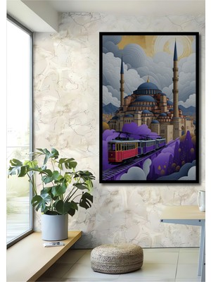 Çerçeve Görünümlü Istanbul Nostaljik Tramvay Pastel Boya Görünümlü Dekoratif Ahşap Ofis Kare Tablo