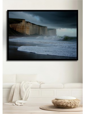 Çerçeve Görünümlü Falezler ve Dalgalar Manzaralı Yağlı Boya Görünümlü Ahşap Ofis Kare Tablo