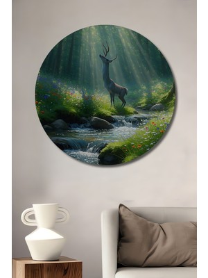 Rüya Ormanında Geyik Sulu Boya Görünümlü Dekoratif Ahşap Ev/işyeri/ofis Yuvarlak Tablo