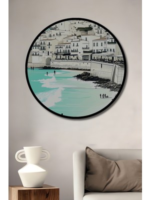 Çerçeve Görünümlü Deniz Kenarı Şehir Manzarası Kara Kalem Görünümlü Ahşap Ofis Yuvarlak Tablo