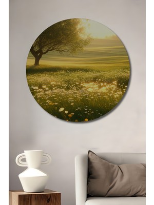 Altın Işıklar Yağlı Boya Görünümlü Doğa Ev/işyeri/ofis Dekoratif Ahşap Yuvarlak Tablosu