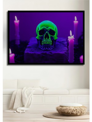 Çerçeve Görünümlü Neon Yeşil Kafatası Mumlar Dekoratif Ahşap Ev/işyeri/ofis Kare Tablo