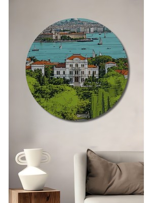 Istanbul Boğazı Sarayı Kara Kalem Görünümlü Dekoratif Ahşap Ev/işyeri/ofis Yuvarlak Tablo