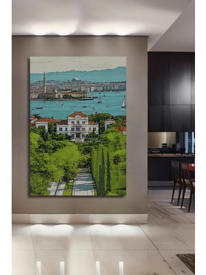 Istanbul Boğazı Sarayı Kara Kalem Görünümlü Dekoratif Ahşap Ev/işyeri/ofis Kare Tablo