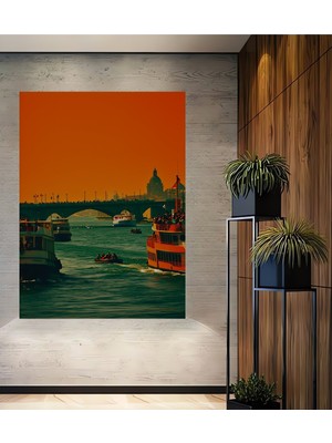Köprü ve Tekne Manzaralı Yağlı Boya Görünümlü Dekoratif Ahşap Ev/işyeri/ofis Kare Tablo