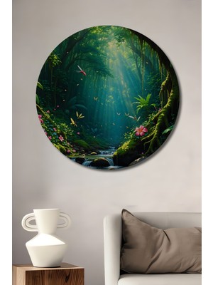 Tropikal Orman Rüyası Sulu Boya Görünümlü Dekoratif Ahşap Ev/işyeri/ofis Yuvarlak Tablo