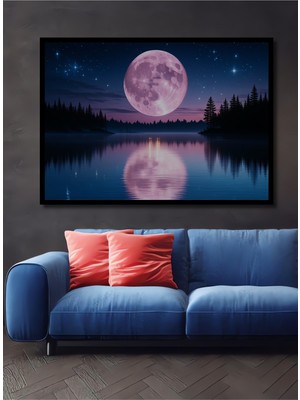 Çerçeve Görünümlü Pembe Dolunay Gölü Yağlı Boya Görünümlü Dekoratif Ahşap Ev/işyeri/ofis Kare Tablo