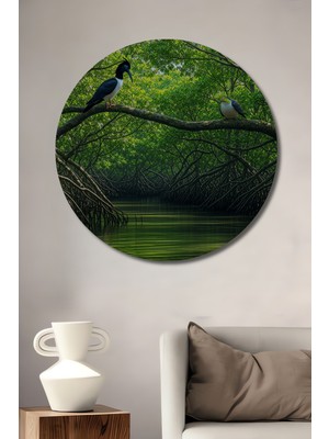 Mangrov Ormanında Kuşlar Pastel Boya Görünümlü Dekoratif Ahşap Ev/işyeri/ofis Yuvarlak Tablo