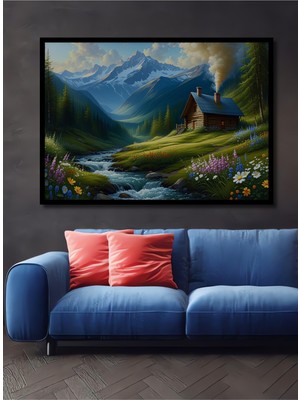 Çerçeve Görünümlü Dağ Evi Huzurlu Nehir Manzarası Yağlı Boya Görünümlü Ahşap Ofis Kare Tablo