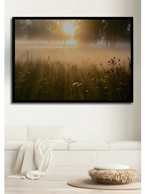 Çerçeve Görünümlü Altın Işık Hüzmeleri Sulu Boya Görünümlü Dekoratif Ahşap Işyeri/ofis Kare Tablo