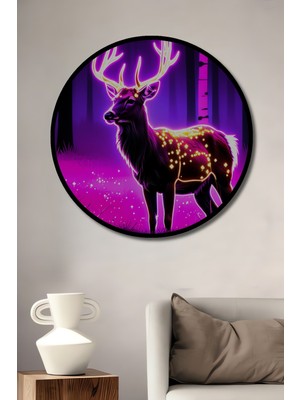 Çerçeve Görünümlü Neon Işıltılı Geyik Orman Manzarası Dekoratif Ahşap Ev/işyeri/ofis Yuvarlak Tablo
