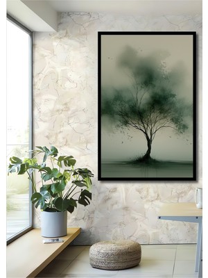Çerçeve Görünümlü Yeşil Tonlarda Sulu Boya Görünümlü Ağaç Manzarası Dekoratif Ahşap Ofis Kare Tablo