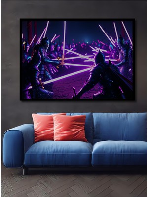 Çerçeve Görünümlü Neon Zırhlı Şövalyeler Yağlı Boya Görünümlü Ofis Dekoratif Ahşap Kare Tablo