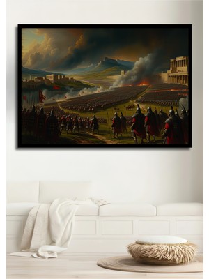Çerçeve Görünümlü Destansı Savaş Alanı Yağlı Boya Görünümlü Dekoratif Ahşap Işyeri/ofis Kare Tablo