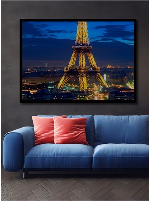 Çerçeve Görünümlü Eyfel Kulesi Işık Şöleni Yağlı Boya Görünümlü Dekoratif Ahşap Ofis Kare Tablo