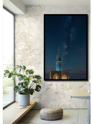 Çerçeve Görünümlü Gökyüzü Minare Yıldızlar Yağlı Boya Görünümlü Dekoratif Ahşap Ofis Kare Tablo