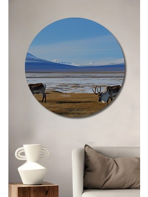 Kutup Ren Geyiği Manzarası Yağlı Boya Görünümlü Dekoratif Ahşap Ev/işyeri/ofis Yuvarlak Tablo