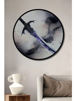 Çerçeve Görünümlü Efsanevi Kılıç Sulu Boya Görünümlü Dekoratif Ahşap Ev/işyeri/ofis Yuvarlak Tablo