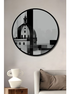 Çerçeve Görünümlü Minimalist Şehir Manzarası Kara Kalem Görünümlü Ahşap Ofis Yuvarlak Tablo