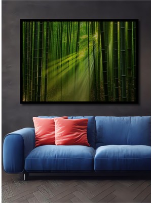 Çerçeve Görünümlü Bambu Ormanında Işık Huzmeleri Yağlı Boya Görünümlü Ahşap Ofis Kare Tablo