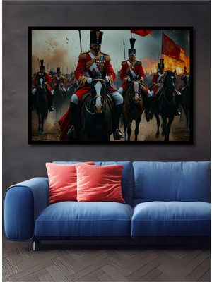 Çerçeve Görünümlü Asil Atlar ve Kızıl Askerler Yağlı Boya Görünümlü Ofis Dekoratif Ahşap Kare Tablo