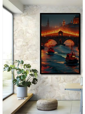 Çerçeve Görünümlü Köprü Altında Balıkçı Gemileri Yağlı Boya Görünümlü Ahşap Ofis Kare Tablo