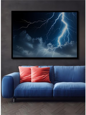 Çerçeve Görünümlü Gökyüzü Şimşek Fırtınası Yağlı Boya Görünümlü Dekoratif Ahşap Ofis Kare Tablo