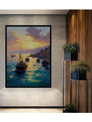 Çerçeve Görünümlü Gün Batımı Limanı Yağlı Boya Görünümlü Dekoratif Ahşap Ev/işyeri/ofis Kare Tablo