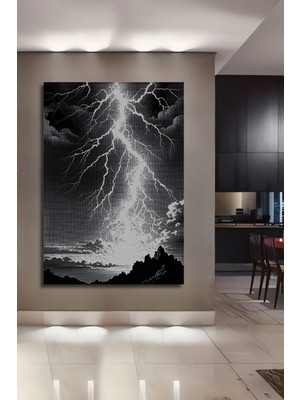 Siyah Beyaz Fırtına Kara Kalem Görünümlü Dekoratif Ahşap Ev/işyeri/ofis Kare Tablo