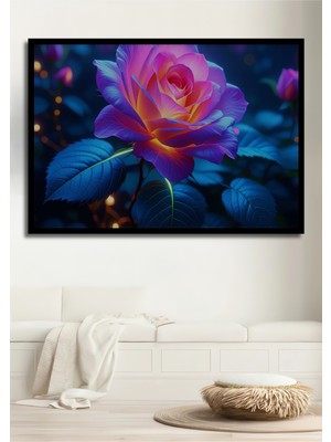 Çerçeve Görünümlü Neon Işıltılı Güzellik Gülü Yağlı Boya Görünümlü Ofis Dekoratif Ahşap Kare Tablo