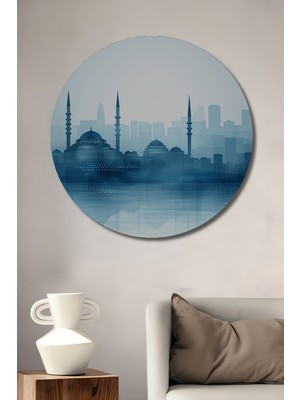 Istanbul Silüeti Sulu Boya Görünümlü Dekoratif Ahşap Ev/işyeri/ofis Yuvarlak Tablo