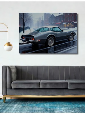 Kış Masalı Corvette Yağlı Boya Görünümlü Dekoratif Ahşap Ev/işyeri/ofis Kare Tablo