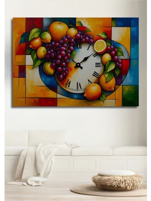 Meyve Şöleni Saat Yağlı Boya Görünümlü Dekoratif Ahşap Ev/işyeri/ofis Kare Tablo