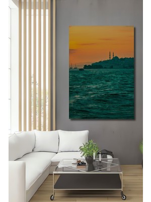 Gün Batımı Istanbul Silüeti Yağlı Boya Görünümlü Dekoratif Ahşap Ev/işyeri/ofis Kare Tablo