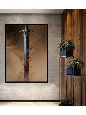 Çerçeve Görünümlü Efsanevi Kılıç Aurası Yağlı Boya Görünümlü Dekoratif Ahşap Işyeri/ofis Kare Tablo