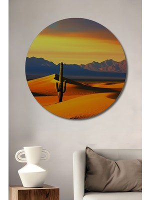 Altın Kumlar Arasında Kaktüs Silüeti Yağlı Boya Görünümlü Dekoratif Ahşap Ev/işyeri/ofis Tablo