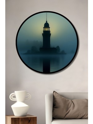 Çerçeve Görünümlü Sisli Deniz Feneri Yağlı Boya Görünümlü Dekoratif Ahşap Ofis Yuvarlak Tablo