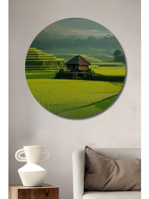 Sulu Boya Görünümlü Tropikal Pirinç Tarlası Manzarası Dekoratif Ahşap Ev/işyeri/ofis Yuvarlak Tablo