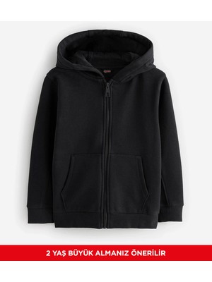 Kinderos Erkek Çocuk Siyah Basic Düz Kapüşonlu Fermuarlı Sweatshirt Uzun Kol Rahat Fit Tasarım