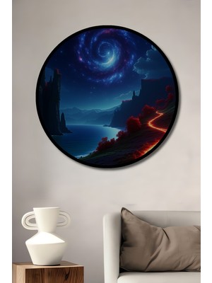 Çerçeve Görünümlü Yıldız Tozu Rüyası Yağlı Boya Görünümlü Dekoratif Ahşap Ofis Yuvarlak Tablo