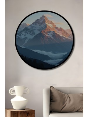 Çerçeve Görünümlü Gün Batımı Dağları Yağlı Boya Görünümlü Dekoratif Ahşap Ofis Yuvarlak Tablo