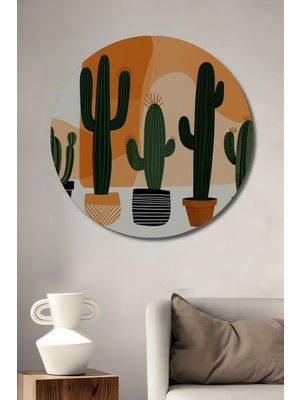Modern Sanat Kaktüs Bahçesi Yağlı Boya Görünümlü Dekoratif Ahşap Ev/işyeri/ofis Yuvarlak Tablo